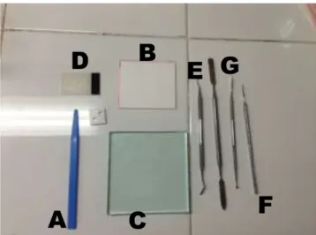 Gambar 2.2. Alat-alat yang digunakan. A. pengaduk plastik, B. paper pad, C. plat kaca, D