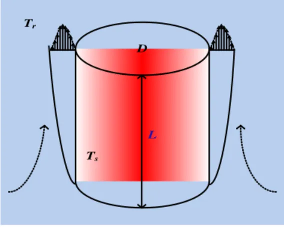 Gambar 2.11 Konveksi natural pada silinder vertikal (Himsar AMBARITA 2011)  Sebuah silinder vertikal dengan temperatur permukaan  T s ditampilkan pada  Gambar 2.10 Diameter silinder dinyatakan dengan D dan tingginya L berada pada  fluida fluida yang mempuy