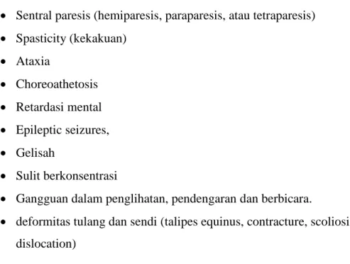 Tabel 1. Klasifikasi Cerebral Palsy dan Penyebab Utamanya 3,9  Motor Syndrome  Neuropathology  Major Causes  Spastic diplegia  Periventricular leukomalacia 