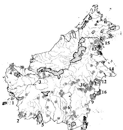 Gambar 4   Peta  Persebaran  Bekantan  di  Pulau  Kalimantan.  Titik-titik  pada  gambar  merupakan  daerah  ditemukannya  populasi  bekantan,  area  yang  diberi  garis  adalah  daerah  yang  dilindungi