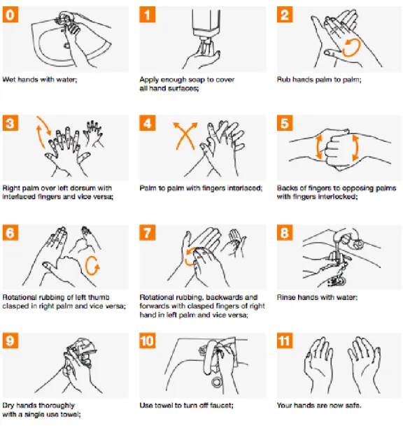 Gambar 8. Langkah mencuci tangan menggunakan sabun dan air mengalir  Sumber : WHO guidelines on hand hygiene in health care, 2009 