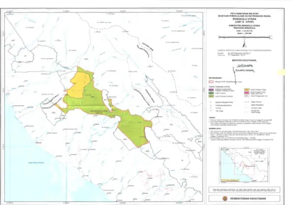 Gambar  1.    Peta  kesatuan  pengelolaan  hutan  produksi  (KPHP)  Bengkulu  Utara  (Sumber:  Lampiran  SK  Menteri  Kehutanan  Nomor   997/Menhut-II/2013)  