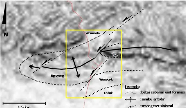 Gambar 3.  Peta  struktur geologi,  orientasi  sumbu  Antiklin  Braholo  mengalami  pelengkungan  (bending)  yang  diakomodir  oleh sesar geser sinistral berarah timurlaut-baratdaya