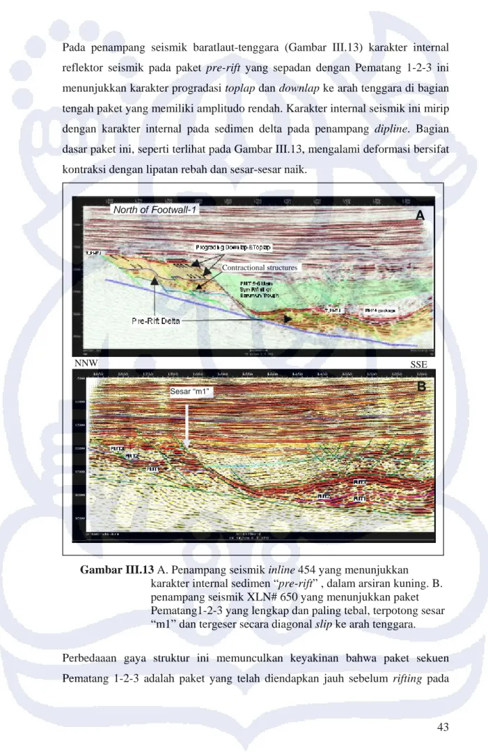 Gambar III.13 A. Penampang seismik inline 454 yang menunjukkan  karakter internal sedimen “pre-rift” , dalam arsiran kuning