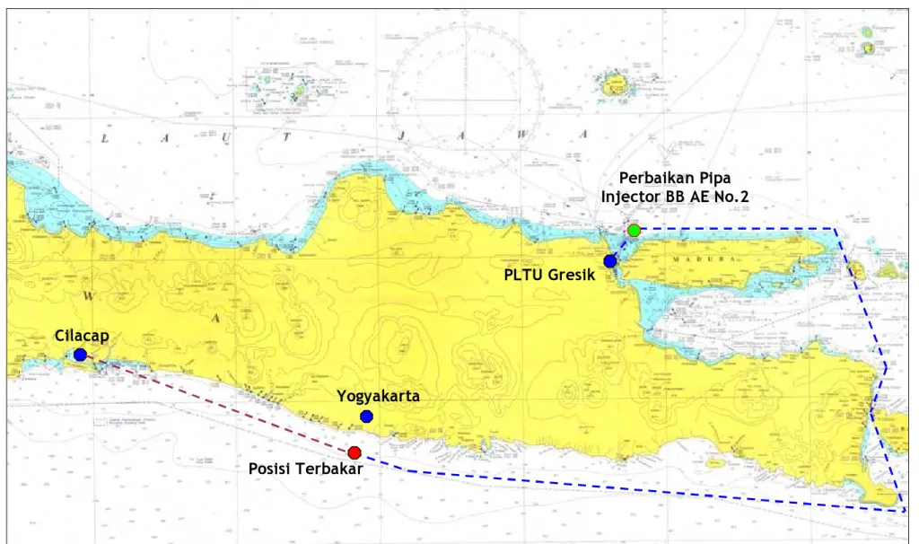 Gambar I-2 Peta Rute pelayaran dan Lokasi Terbakarnya MT. Cendrawasih 