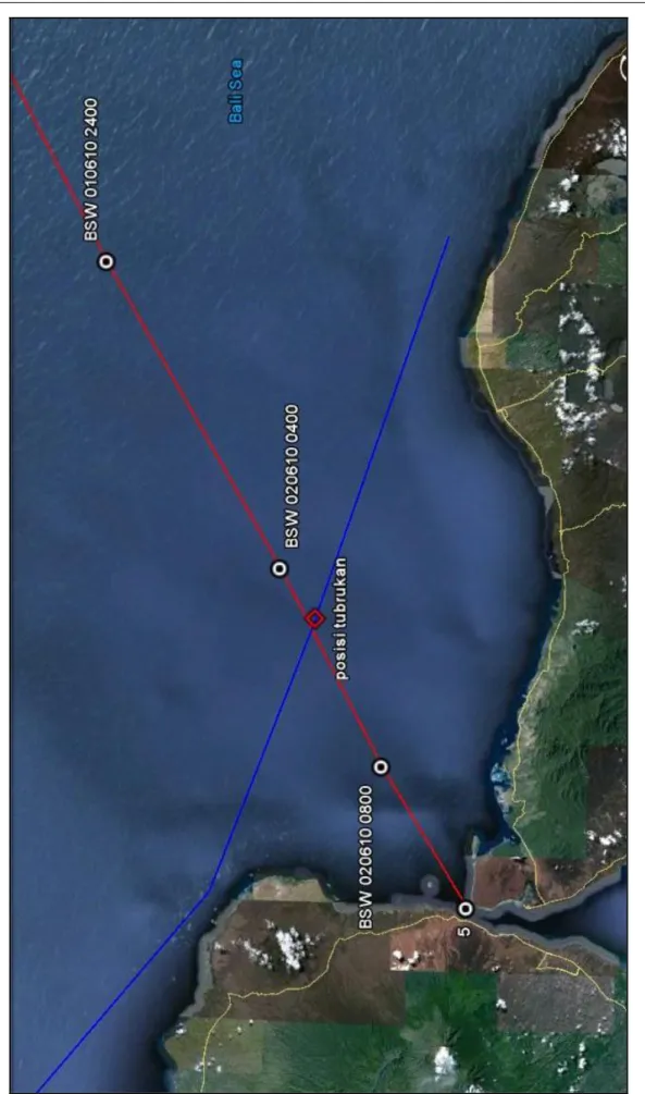 Gambar I-3 Rute pelayaran kapal (garis merah: KM. Bosowa VI; Garis Biru: KM. Shinpo 18) dan  Posisi Tubrukan 