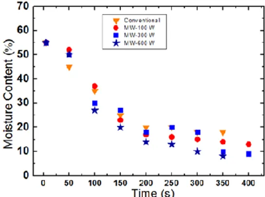 Fig. 1. Drying curves of cocoa beans in a microwave and in an electric furnace [8] 