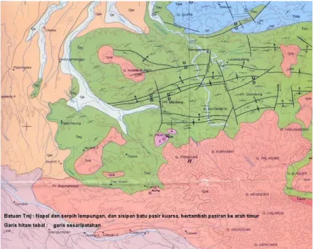 Gambar 5. Contoh Peta Geologi – Menunjukkan Jenis Batuan dan  Keberadaan Garis Sesar/Patahan/Gawir 