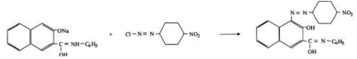 Gambar 2.2 Reaksi pembentukan pewarna naftol  b.   Pewarna rhodamin B 