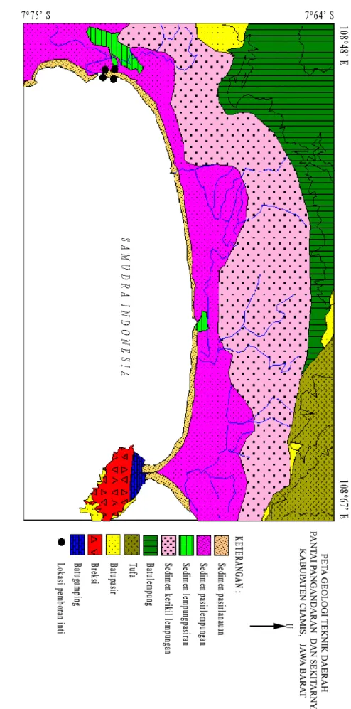 Gambar  2.  Peta geologi teknik daerah pantai Pangandaran dan sekitarnya  ( modifikasi dari :Simanjutak dan Surono (1992), Supriat na (1992),Sutrisno (1983)