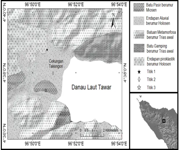 Gambar  1.  Peta  Geologi  lokasi  Cekungan  Takengon  dan  titik  pengukuran  MASWdi  Kabupaten  Aceh  Tengah provinsi Aceh (Dimodifikasi dari Cameron dkk., 1983) 