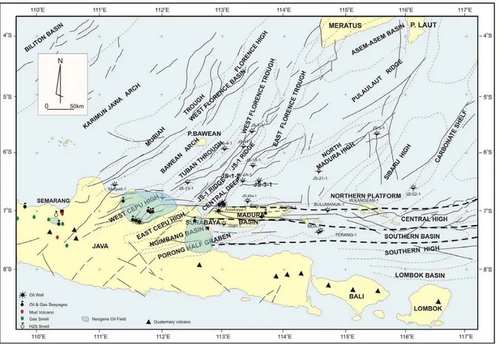 Gambar 2. Pola struktur di Cekungan Jawa Timur (Sribudiyani dkk., 2003).