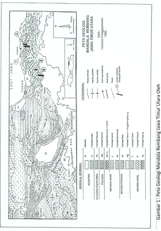 Gambar 1 : Peta Geologi Mandala Rembang Jawa Timur Utara Oleh                       Pringgoprawiro (1983) dan Lokasi Penelitian
