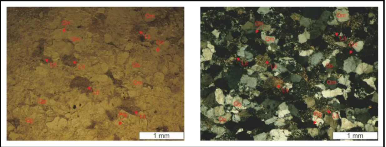 Gambar 5.9. Gambar kenampakan mikroskopis sampel “SK 26” pada nikol sejajar (kiri)                         dan nikol bersilang (kanan) dengan pembesaran 40x 