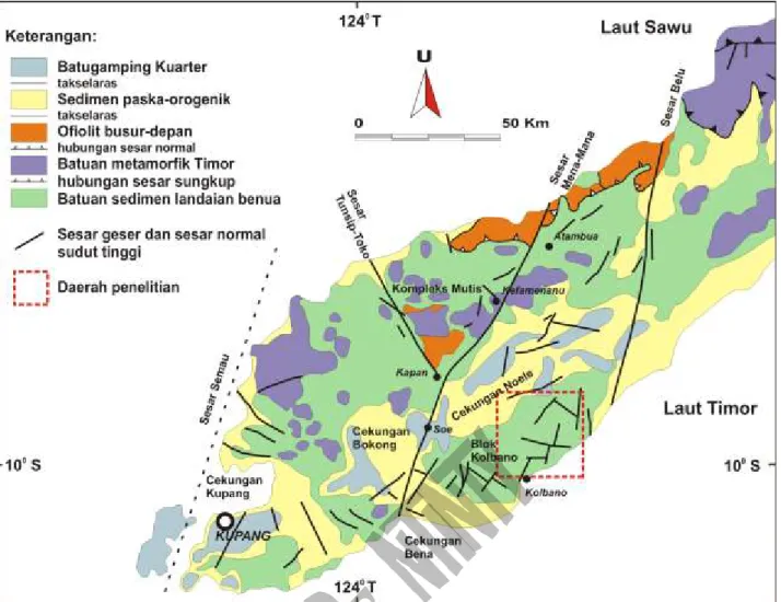 Gambar 2. Peta geologi daerah Timor barat yang memperlihatkan tektonostratigrafinya (Kaneko drr., 2007).