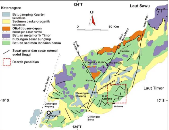 Gambar 2. Peta geologi daerah Timor barat yang memperlihatkan tektonostratigrafinya (Kaneko drr., 2007).