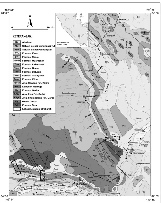 Gambar 3. Peta geologi daerah sekitar Muaradua, Sumatera Selatan (Gafoer et al.,  1993) dan lokasi pengambilan sampel batugamping