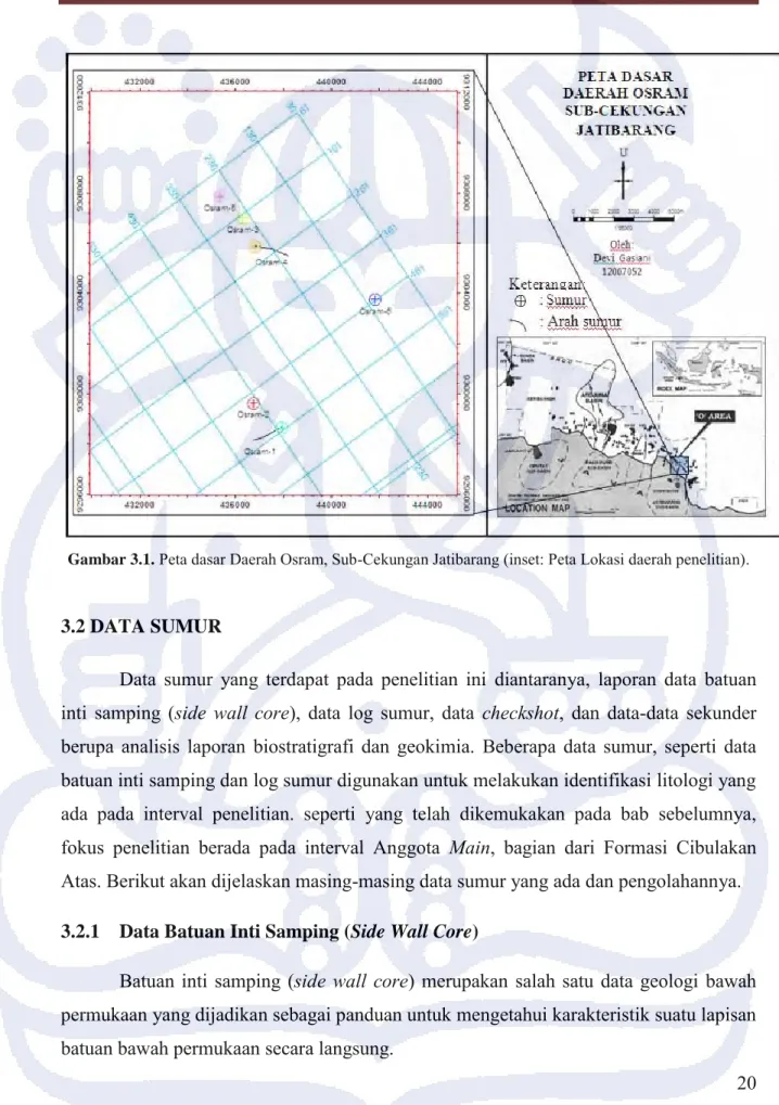 Gambar 3.1.  Peta dasar Daerah Osram, Sub-Cekungan Jatibarang (inset: Peta Lokasi daerah penelitian)