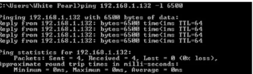 Gambar  dibawah  ini  menunjukan  hasil  test  koneksi  sebelum  menjalankan  tool  Snort  dari  sistem,  dengan  cara  test  Ping  of  Death  (Ping  Flood)  dari  laptop  attacker ke laptop server