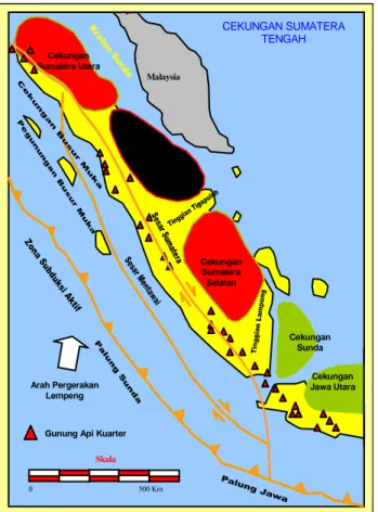 Gambar II.1.  Cekungan Sumatera Tengah, arah penunjaman lempeng dan batas- batas-batasnya (modifikasi dari Heidrick dan Aulia, 1993