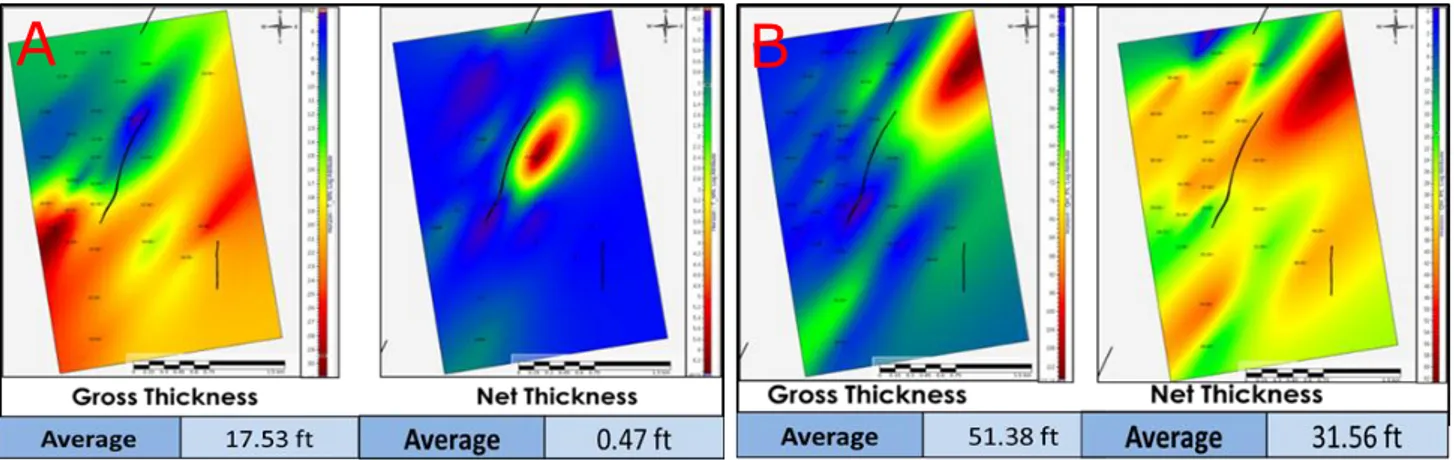 Gambar 6. Peta Gross Thickness dan Net Thickness, A. Tidal Sand Flat dan B. Tidal  Sand Bar