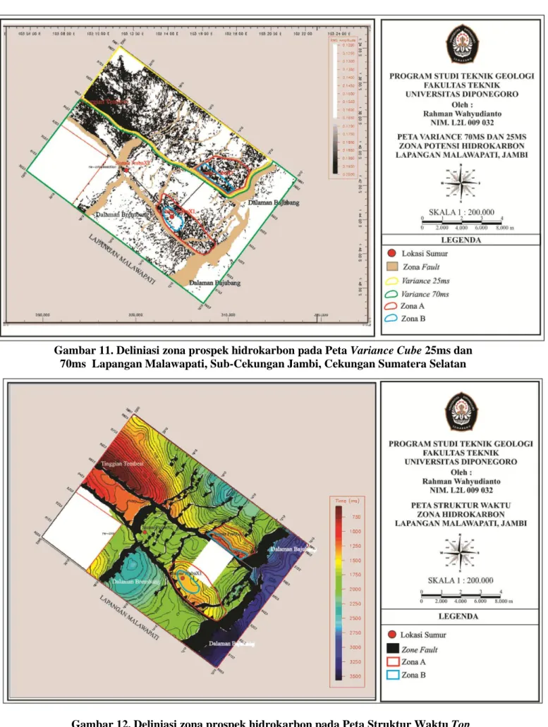 Gambar 12. Deliniasi zona prospek hidrokarbon pada Peta Struktur Waktu Top  Basement Lapangan Malawapati, Sub-Cekungan Jambi, Cekungan Sumatera Selatan