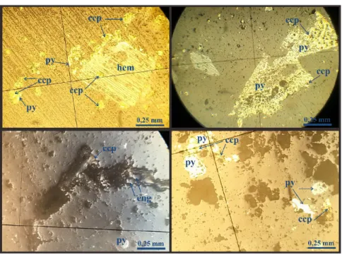 Gambar 5. Fotomikrograf mikroskopi bijih pada batuan yang teralterasi kuarsa-dikit- kuarsa-dikit-alunit yang menujukan kehadiran pirit (py), hematit (hem), enargit (eng) dan kalkpirit (ccp)