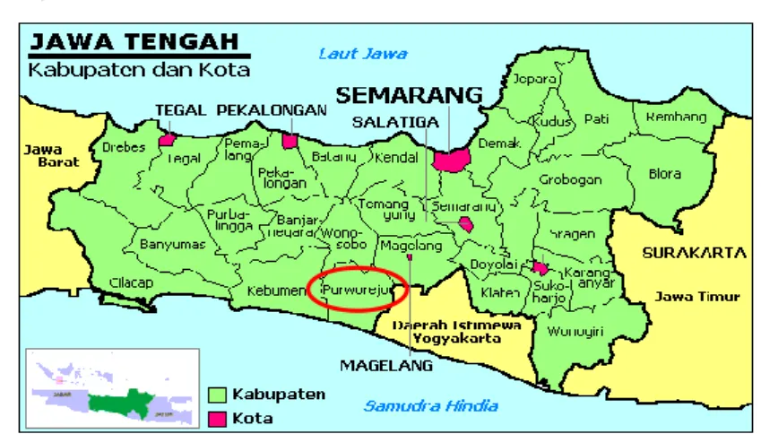 Gambar 1.1 Letak Posisi Purworejo di Peta Jawa Tengah  (Wikipedia,2016) 
