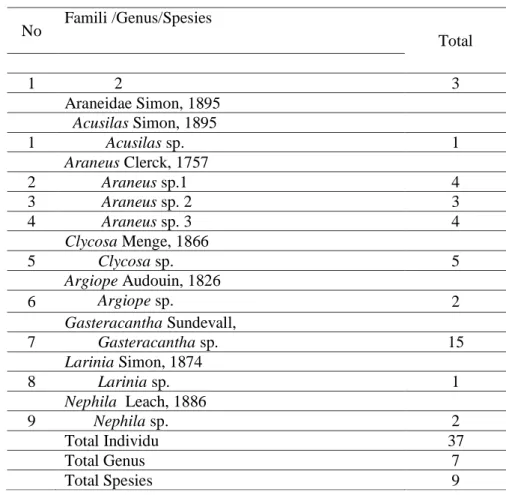 Tabel  1.  Daftar  Famili,  Genera,  Jenis  dan  Jumlah  Individu  Laba-Laba    yang  terdapat  Kawasan   Cagar Alam Lembah  Anai, Kabupaten Tanah Datar, Sumatera Barat