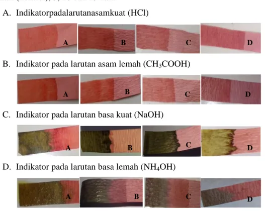 Gambar  3.  Perbandingan  hasil  uji  kertas  indikator  asam  basa  dari  ekstrak  daun  jati  muda  pada  larutan  asam  kuat  (HCl),  asam  lemah  (CH 3 COOH),  basa  kuat  (NaOH)  dan  basa  lemah  (NH4OH)  terhadap  interval lama penyimpanan 0 hari (A