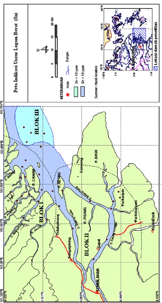 Gambar 2.  Peta indikasi unsur logam timah (Sn) pada sediment permukaan daerah Teluk Pinang dan sekitarnya, Provinsi Riau