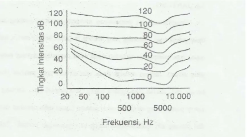 Gambar 2.2 Kurva tingkat intensitas dengan frekuensi untuk bunyi yang sama  (Tipler, 1998) 