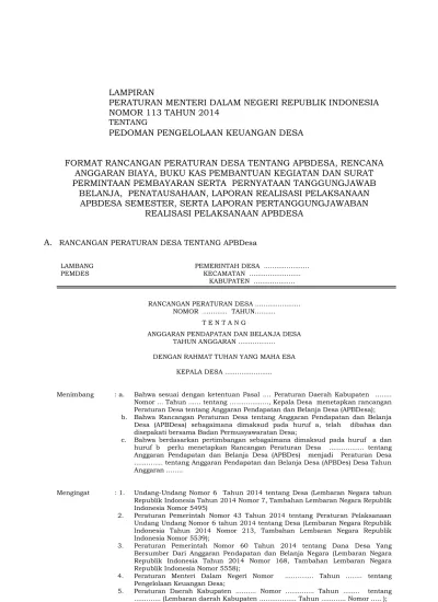 Lampiran Peraturan Menteri Dalam Negeri Republik Indonesia Nomor 113 Tahun 2014 Tentang Pedoman