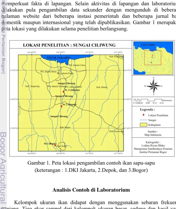 Gambar 1. Peta lokasi pengambilan contoh ikan sapu-sapu  (keterangan : 1.DKI Jakarta, 2.Depok, dan 3.Bogor) 