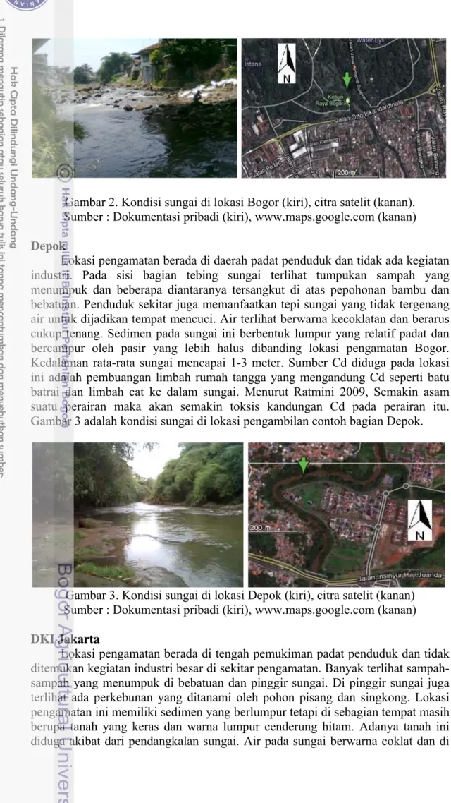 Gambar 2. Kondisi sungai di lokasi Bogor (kiri), citra satelit (kanan). 