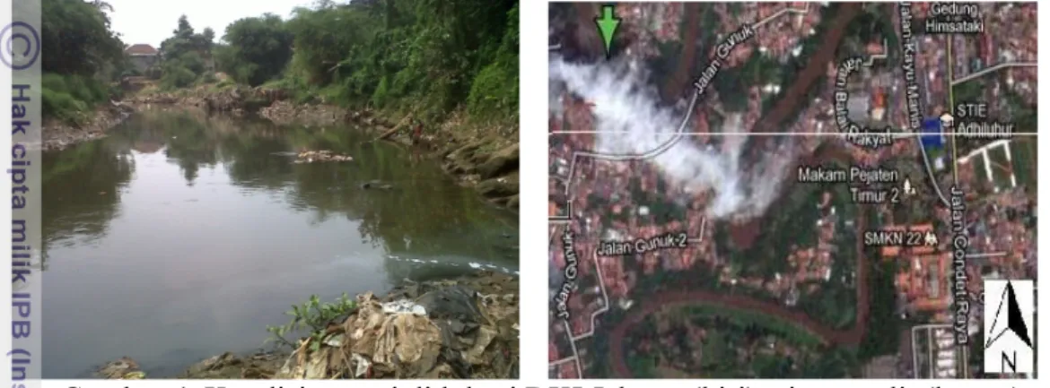 Gambar 4. Kondisi sungai di lokasi DKI Jakarta (kiri), citra satelit (kanan)  Sumber : Dokumentasi pribadi (kiri), www.maps.google.com (kanan)   