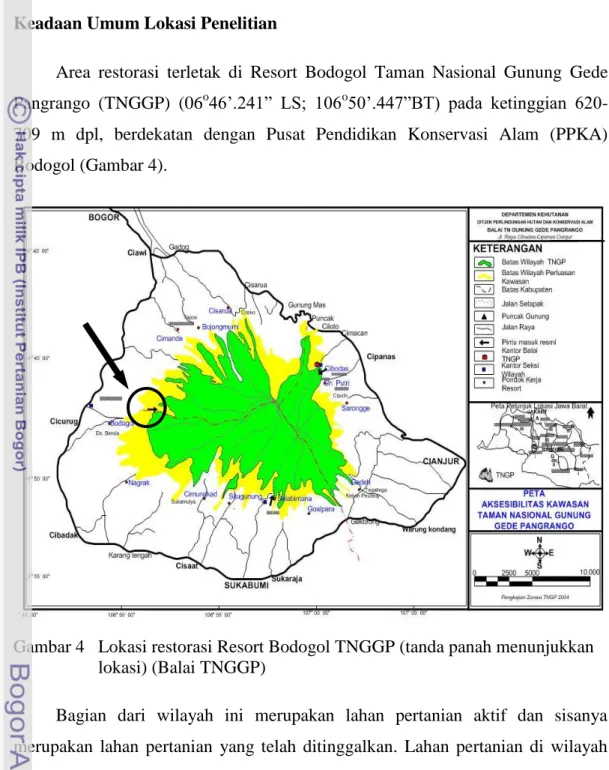 Gambar 4   Lokasi restorasi Resort Bodogol TNGGP (tanda panah menunjukkan  lokasi) (Balai TNGGP) 