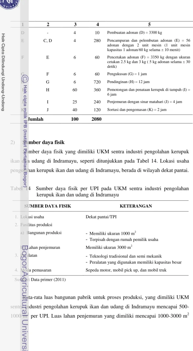 Tabel  14    Sumber  daya  fisik  per  UPI  pada  UKM  sentra  industri  pengolahan  kerupuk ikan dan udang di Indramayu 