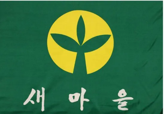Gambar 1 Logo Gerakan Saemaul Undong yang bergambar tiga daun  berwarna kuning dengan latar berwarna hijau 
