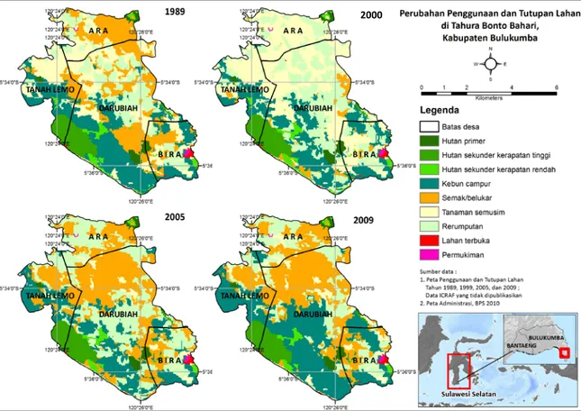 Gambar 4. Peta tutupan lahan di Tahura Bulukumba pada tahun 1990, 2000, 2005, and 2010 