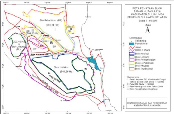 Gambar  3. Peta penataan blok  Tahura Bonto Bahari, Kabupaten Bulukumba,  Provinsi Sulawesi Selatan  (Sumber Peta: Dinas Kehutanan dan Perkebunan, Kabupaten Bulukumba) 
