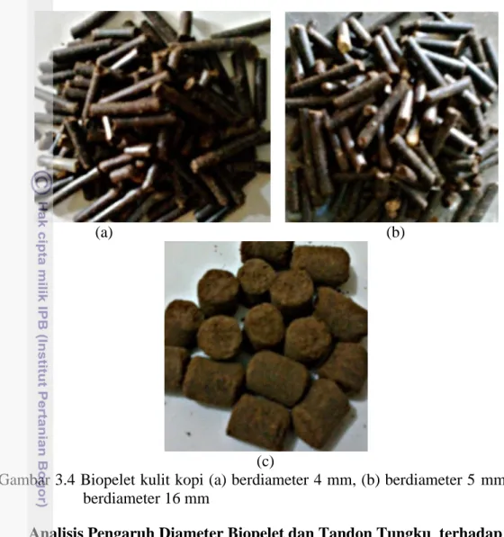 Gambar 3.4 Biopelet kulit kopi (a) berdiameter 4 mm, (b) berdiameter 5 mm, (c)  berdiameter 16 mm  