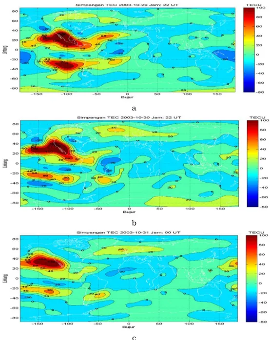 Gambar 4-3: Badai ionosfer positif yang terjadi pada tanggal 29 dan 30  c  Oktober  2003 pada pukul 22:00 UT paling intensif terjadi  di sektor Amerika (a dan b) berada dalam rentang bujur  -150 °   sampai  -100 ° 