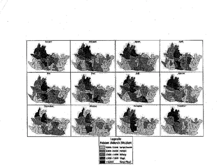 Gambar 3. Peta penyebaran risiko relatif penyakit DO untuk seluruh stadium dan 30 kecamatan yang ada dl kola Bandung pada tahun 2013 dengan menggunakan model Poisson
