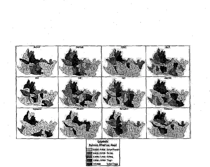 Gambar 1. Peta penyebaran rislko relatif penyaklt DO u&#34;tuk stadium awal dar! 30 kecamatan yang ada di kota Bandung pada tahun 2013 dengan menggunakan model Poisson