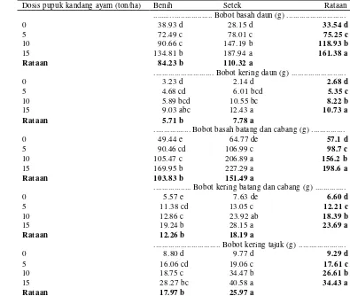 Tabel 11.  Produksi tajuk (6 MST) pada berbagai interaksi perlakuan asal bibit dan dosis pupuk   kandang ayam 