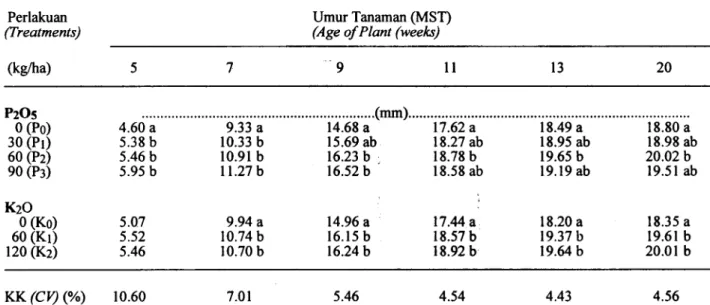Tabel 3.  Rata-rata Diameter Batang Tanaman Kenaf pada Berbagai TarafDosis  Pupuk Fosfor dan Kalium