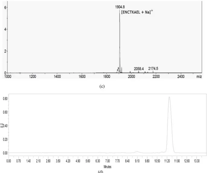 Gambar 4 Spektrum massa dan kromatogram HPLC peptida F2 dan F4 yang telah dimurnikan. (a) Spektrum massa dan (b) kromatogram HPLC peptida F2 yang telah dimurnikan menunjukkan bahwa peptida F2, yang terdeteksi pada m/z 1874,9 sma, diperoleh dengan kemurnian