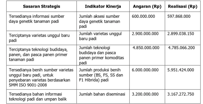 Tabel  9.  Akuntabilitas  keuangan  Balai  Besar  Penelitian  Tanaman  Padi  berdasarkan  indikator sasaran kegiatan tahun 2012 