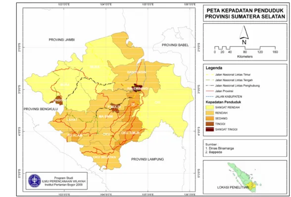 Gambar 5. Peta Tingkat Kepadatan Penduduk di Provinsi Sumatera Selatan. 